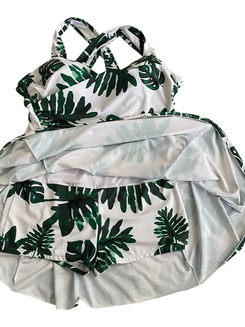 Tropical Palm Leaf Swimsuit Crossover Modest One Piece Swim Dress Beach Resort - Picture 4 of 8